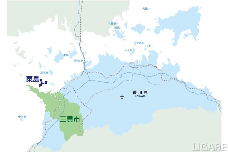 香川県三豊市と粟島の位置