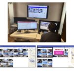 (上)実証実験で東京から遠隔監視を行う様子、(左下)遠隔見守り画面正常時、(右下)遠隔見守り画面異常検知時