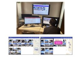 (上)実証実験で東京から遠隔監視を行う様子、(左下)遠隔見守り画面正常時、(右下)遠隔見守り画面異常検知時