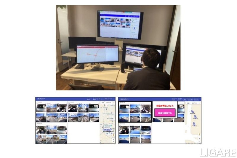 (上)実証実験で東京から遠隔監視を行う様子、(左下)遠隔見守り画面正常時、(右下)遠隔見守り画面異常検知時