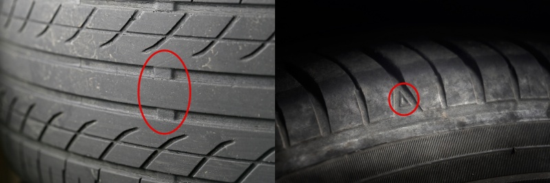 (左)タイヤのスリップサイン、(右)スリップサインの位置を示すマーク